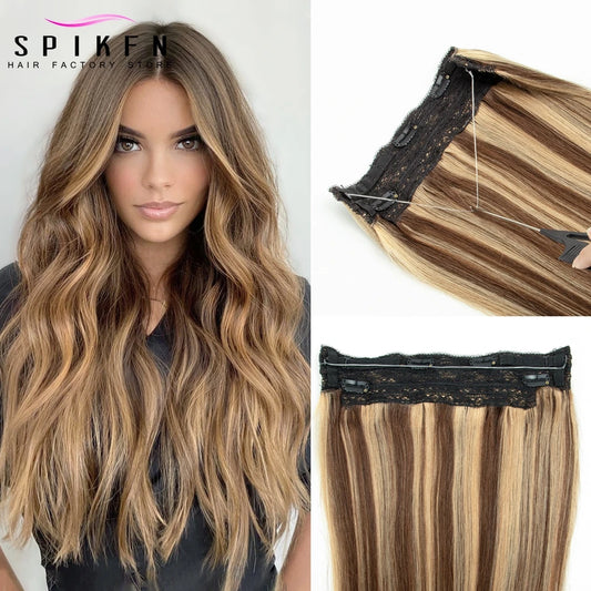 Invisible Wire in Human Hair Extensions Straight  4 Clips in Hair Extensions Human Hair 12-22" Real Natural Fish Line Hairpieces