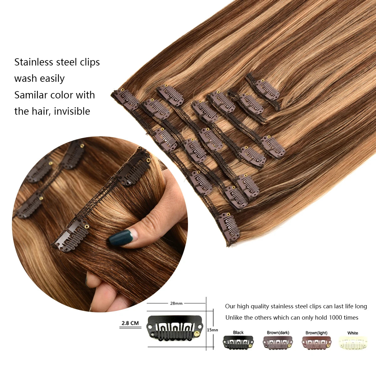 Clip in Hair Extensions Real Human Hair Chestnut Brown Mixed Blonde 7Pcs 16 Seamless Clips ins Remy Straight Clip ins Extensions