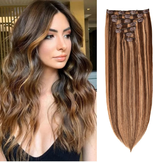 Clip in Hair Extensions Real Human Hair, 7pcs 16 Clips 70g,Chocolate Brown to Caramel Blonde, Clip in 100% Brazilian Remy Human