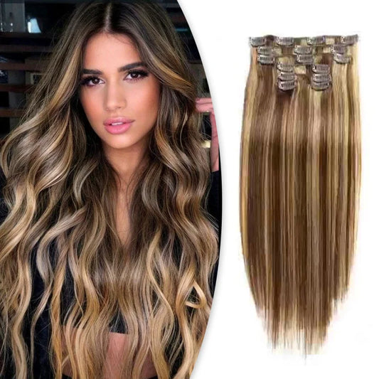 Hair Clip In Hair Extensions Real Human Hair for Women Highlights Chocolate Straight Hair 7pcs Clip In Human Hair for Women