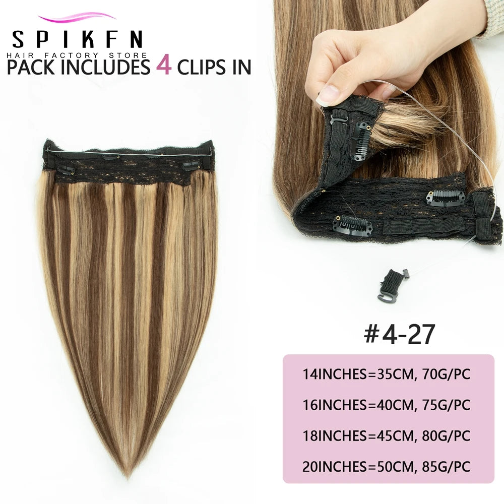 Invisible Wire in Human Hair Extensions Straight  4 Clips in Hair Extensions Human Hair 12-22" Real Natural Fish Line Hairpieces