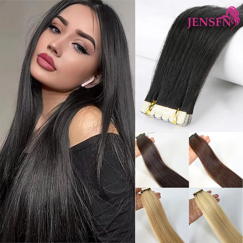 JENSFN Mini Tape In Hair Extensions 100% Remy Natural Human Hair 16"-26"Inch Straight Seamless  PU Skin Weft  Tape Ins For Salon
