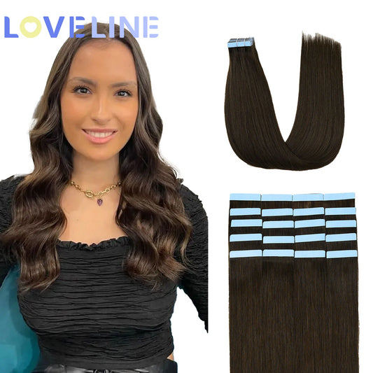 LOVELINE 20pcs 50g Brown Tape in Hair Extensions Human Hair Remy Straight Hair Extensions Invisible PU Skin Weft Hair for Women
