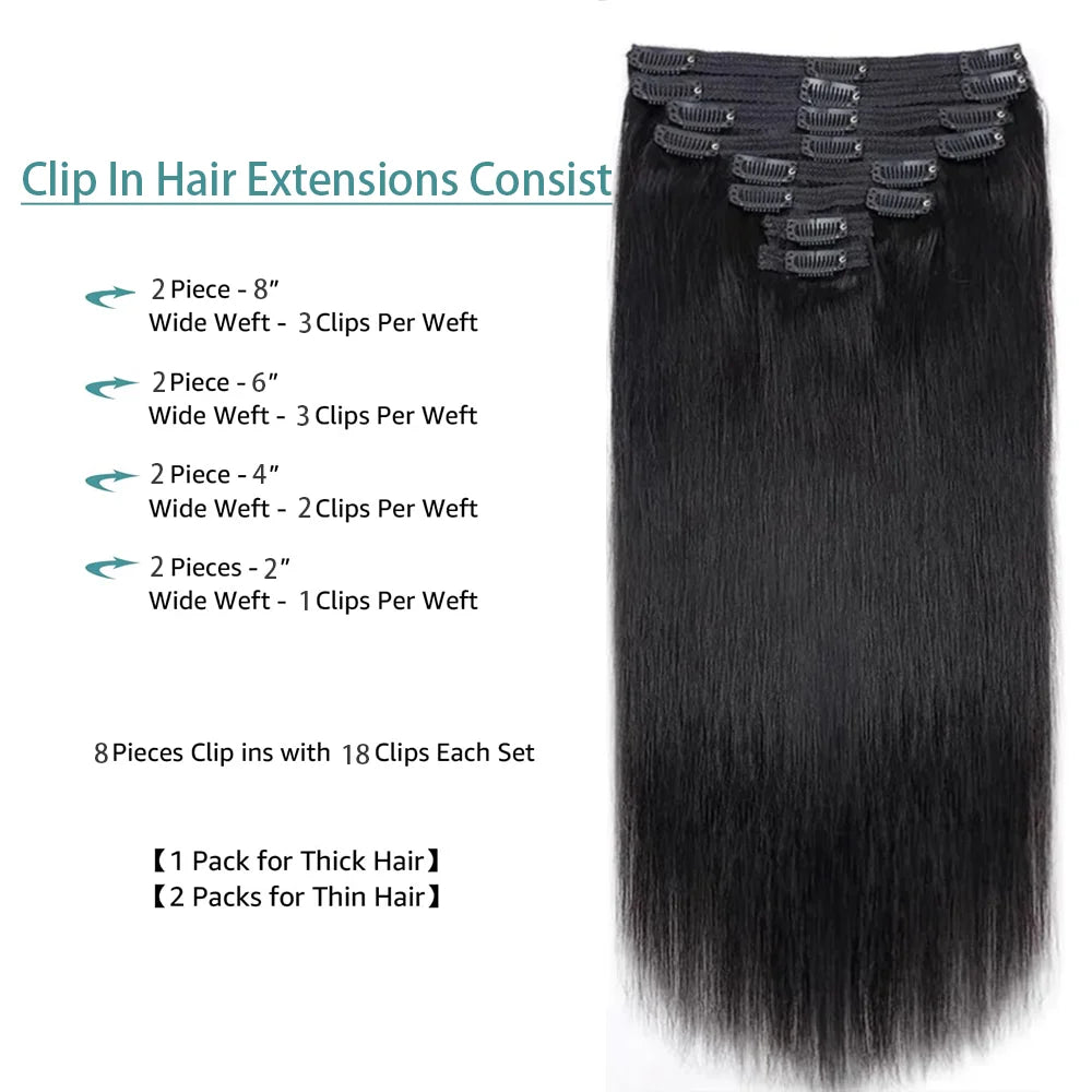 Clip In Hair Extensions Human Hair Straight Brazilian Clip Ins Seamless Human Hair Extensions Natural Black Full Head 120G/Pack